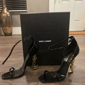Saint Laurent Black Opyum Gold Monogram Heel Sandal